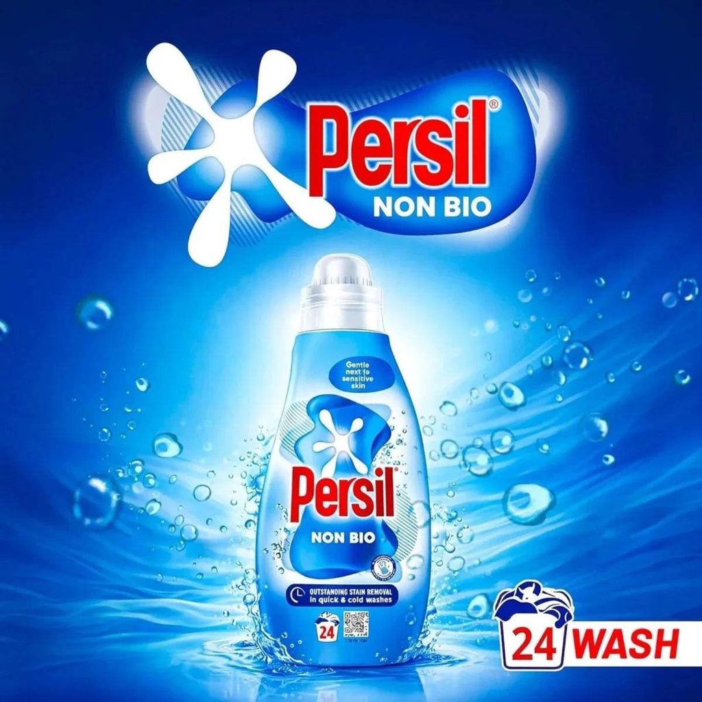 Persil Non Bio liquid detergent bottle with blue label, silver cap, and 24-wash icon