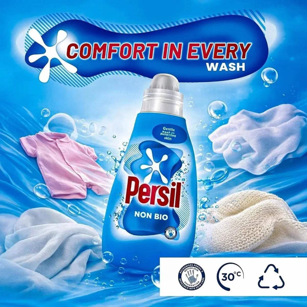 Persil Non Bio liquid detergent bottle with blue label and silver cap