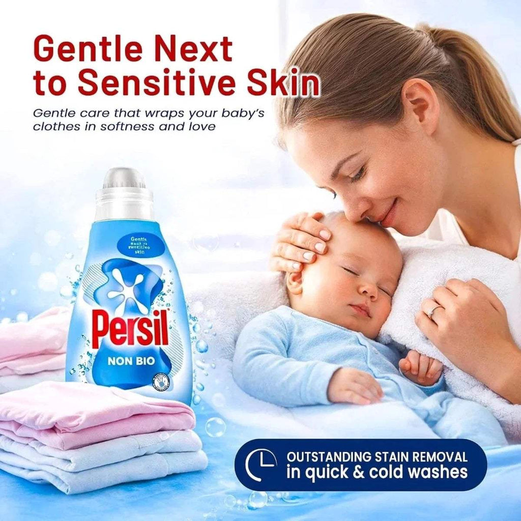 Persil Non Bio liquid detergent bottle with blue label and silver cap