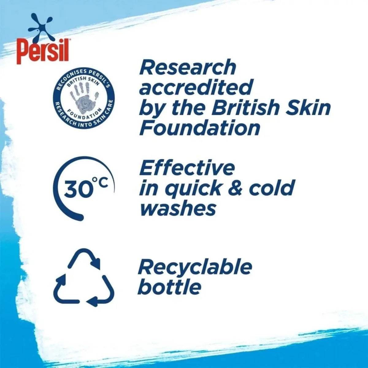 Persil Non Bio detergent benefits panel with 30°C, recycle and accredited icons