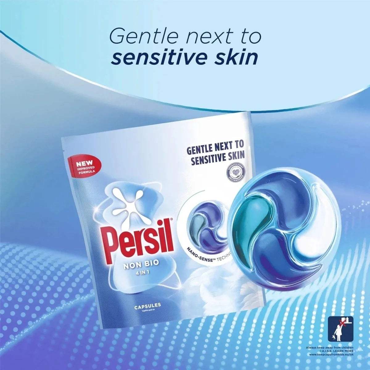 Persil Non Bio 4 in 1 laundry capsule pack with blue capsule on front, gentle sensitive skin