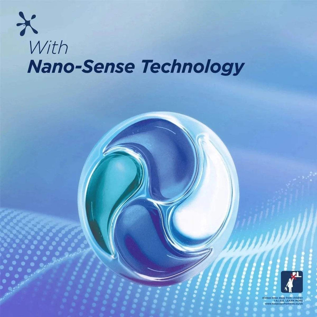 Persil Non Bio laundry capsule close-up in blue and white, with Nano-Sense technology