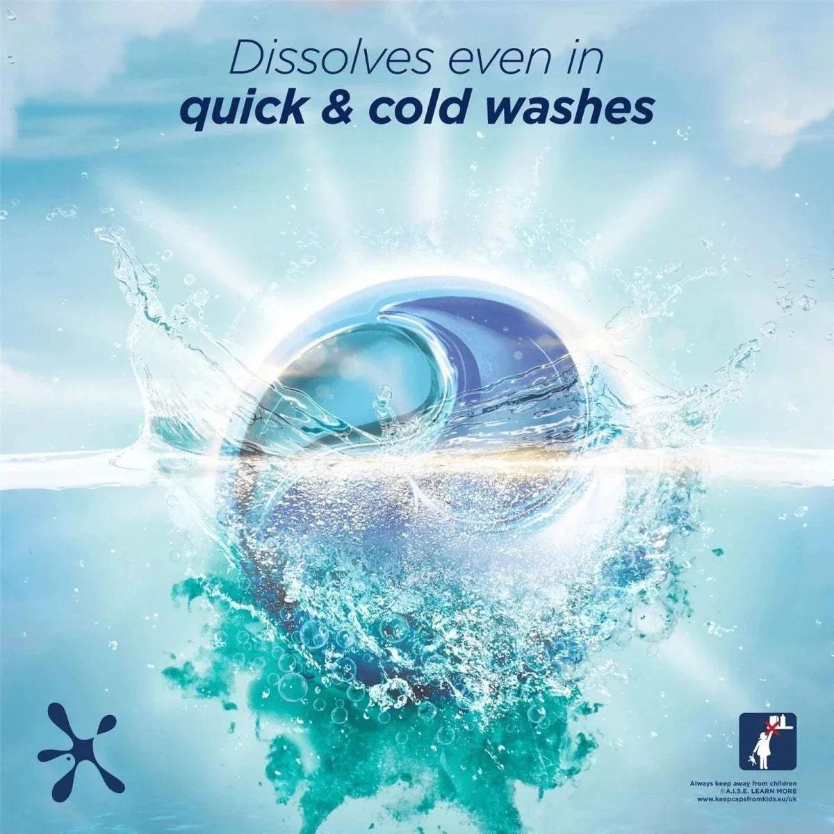Persil Non Bio laundry capsule dissolving in water spray, for quick and cold washes