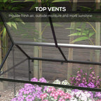 Grey raised garden bed with vented transparent top panel and mesh interior frame