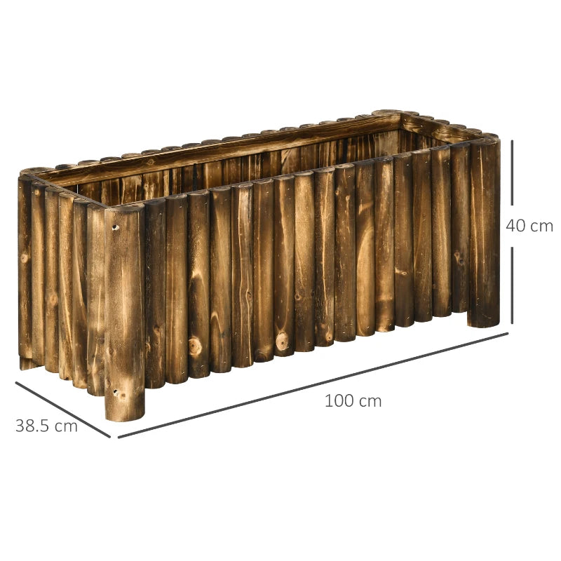 Rectangular wooden raised planter box with four corner legs and visible dimensions.