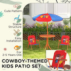 Kids cowboy patio set with parasol table and two red folding chairs