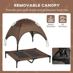 Elevated brown pet bed with removable canopy and raised waterproof cot frame