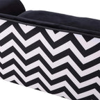 Chevron patterned cushion panel in white and black on a black pet sofa bed
