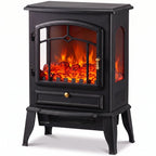 Black electric fireplace stove with 3-sided glass viewing window and glowing flame effect