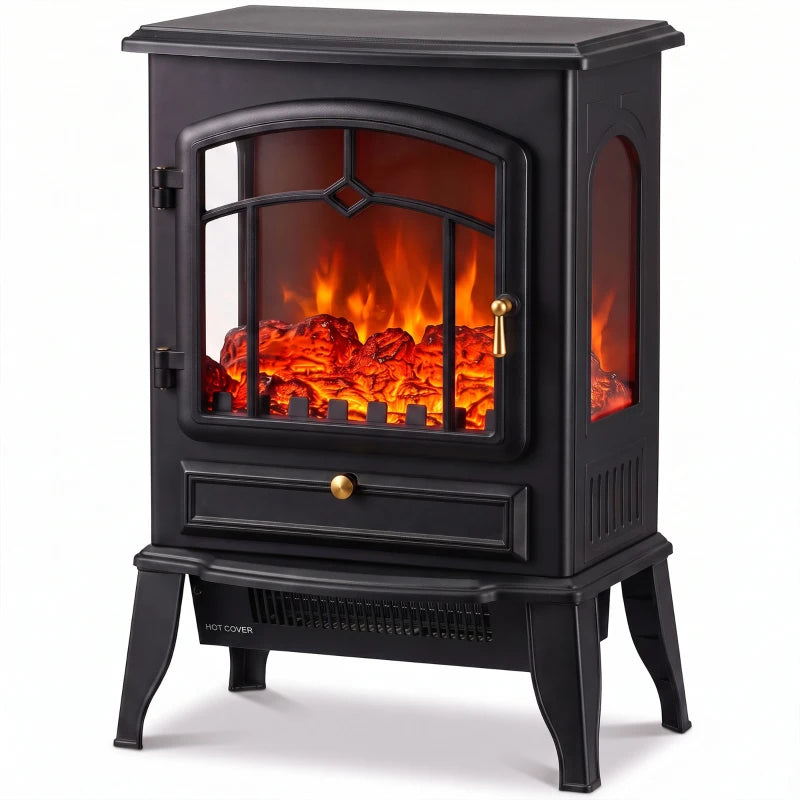 Black electric fireplace stove with 3-sided glass viewing window and glowing flame effect