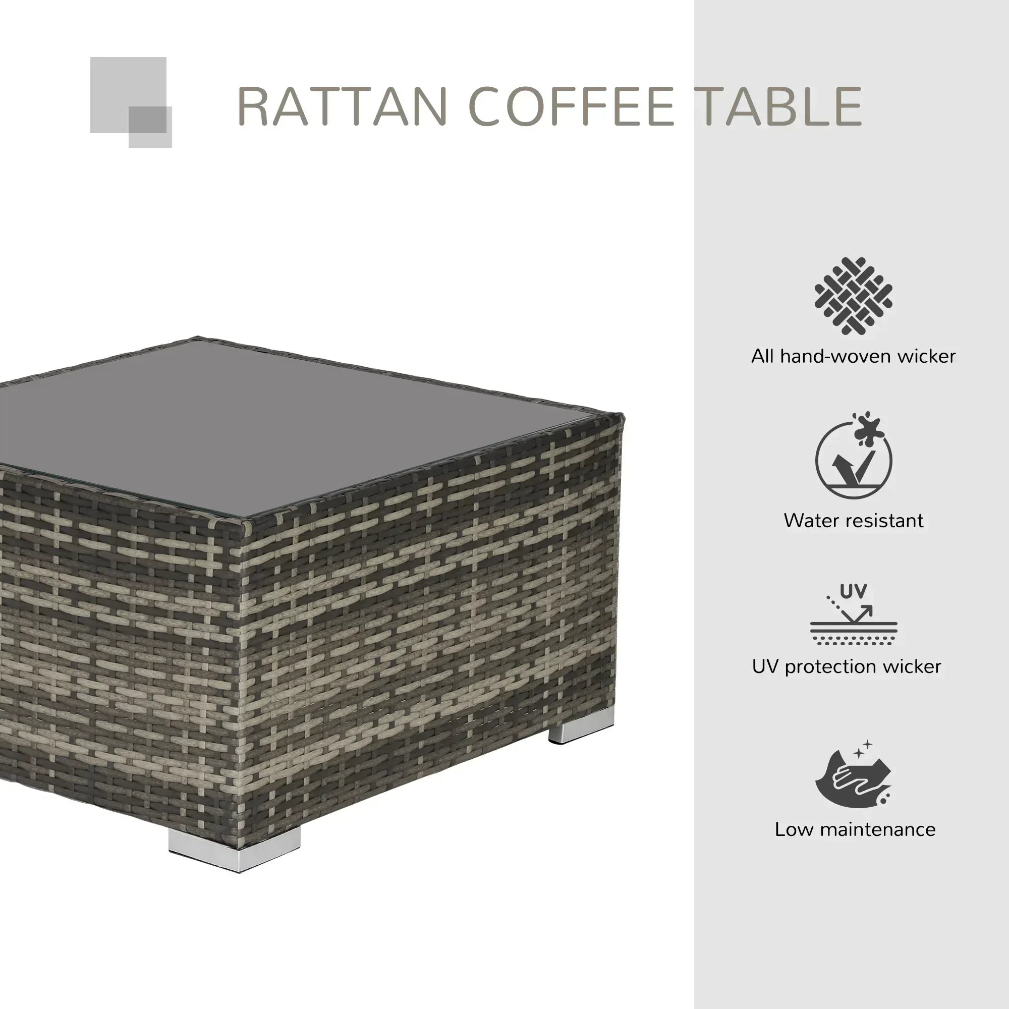 Square PE Wicker Rattan Table with Glass Top - Dark Grey - Bobobiy