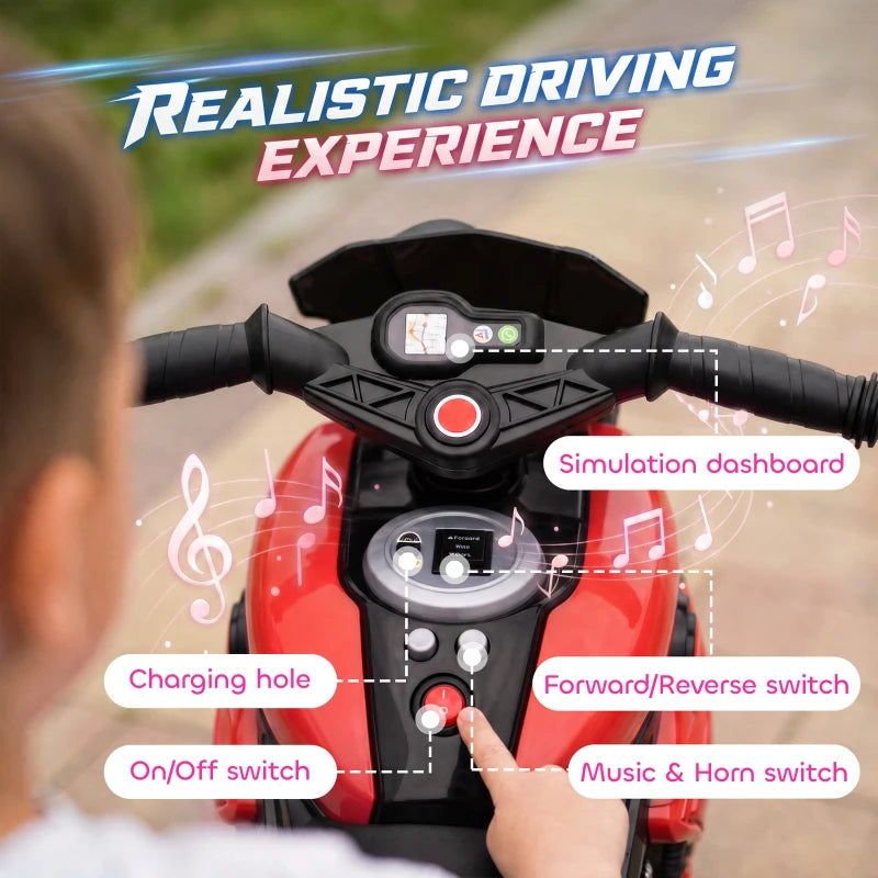 Kids red 3-wheel electric ride-on motorcycle handlebar controls and dashboard