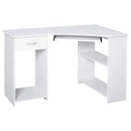 White L-shaped corner desk with drawer and open storage shelves
