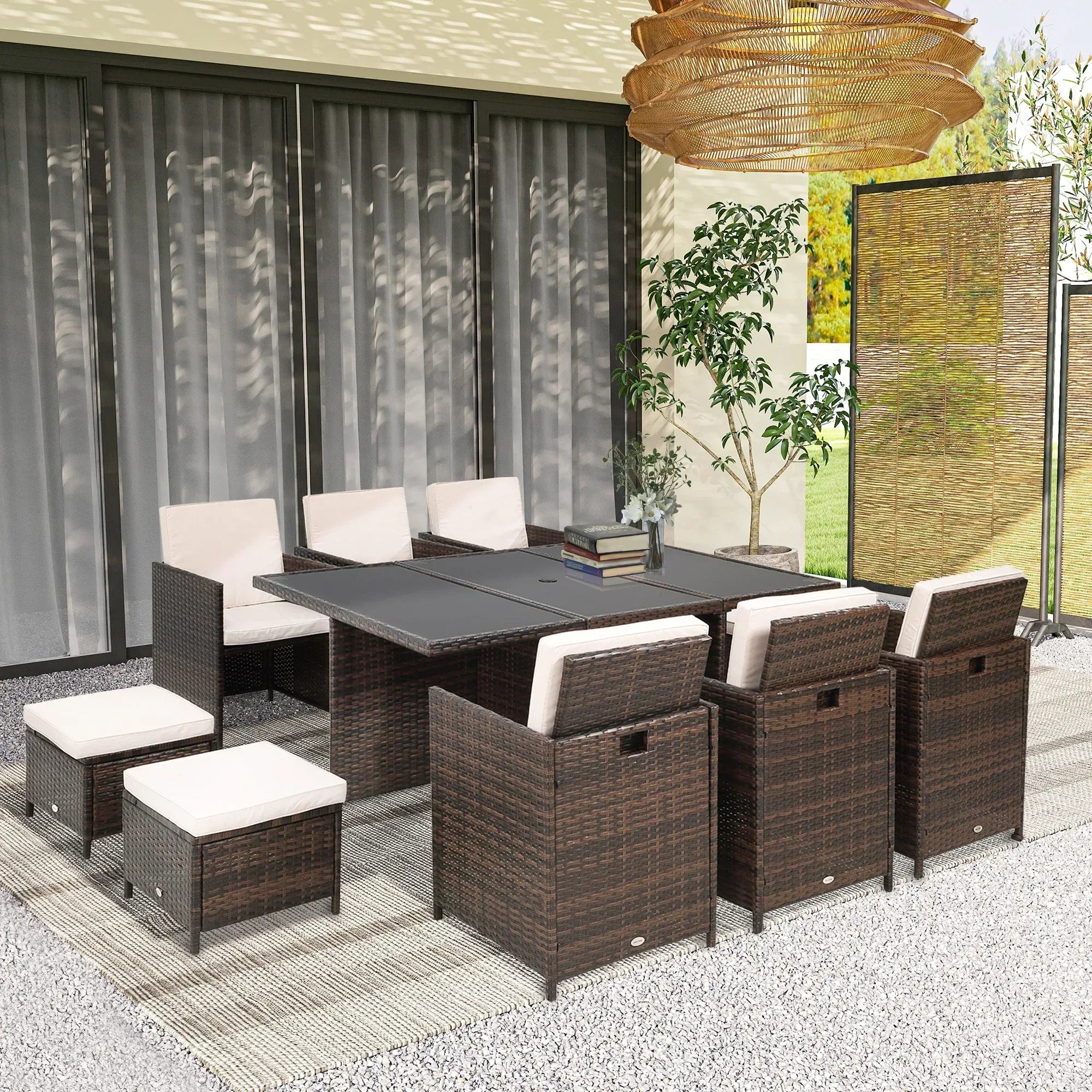 10 Seater Rattan Cube Garden Furniture Set with Parasol Hole, Rattan Dining Set with Cushions, Outdoor Dining Table and Chairs with Rectangular Glass Top Table for Patio, Mixed Brown - Bobobiy