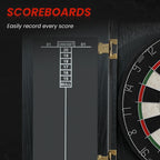 Close-up of cabinet scoring board with numbered grid beside bristle dartboard.