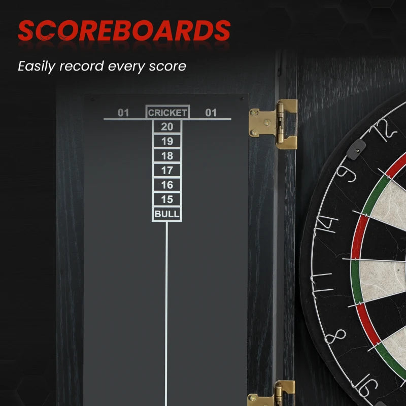 Close-up of cabinet scoring board with numbered grid beside bristle dartboard.