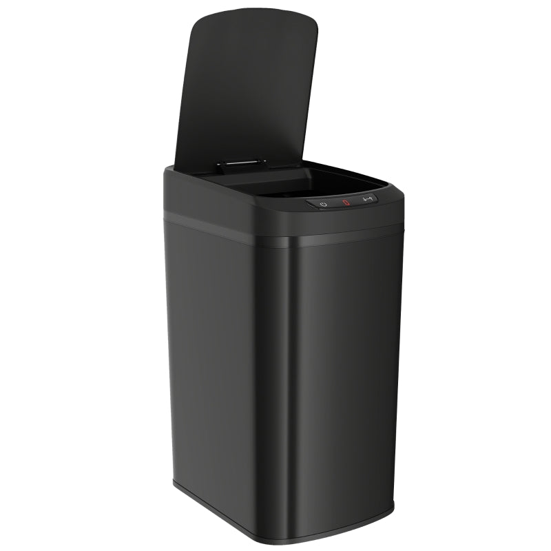 Black touchless sensor trash bin with open lid and top control panel