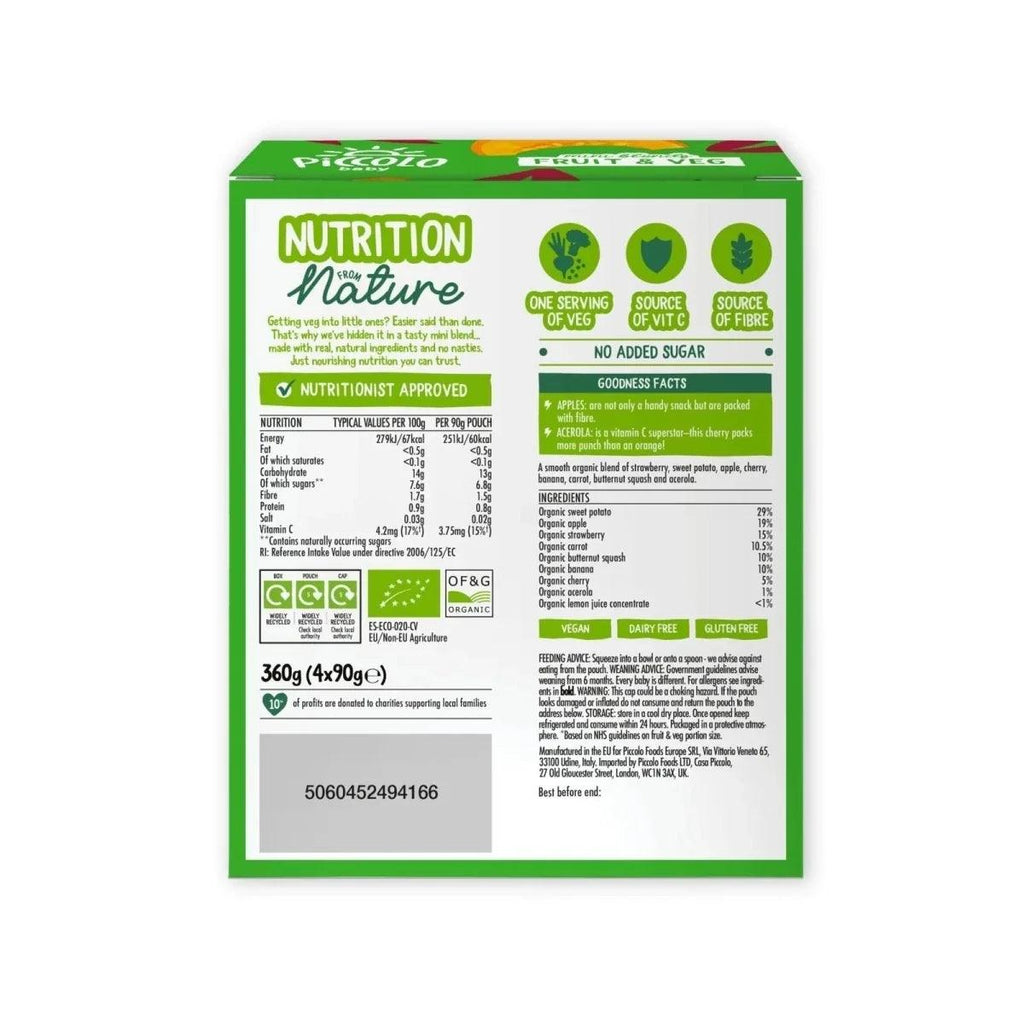 Organic baby fruit & veg multipack back panel with nutrition facts and 360g (4x90g)
