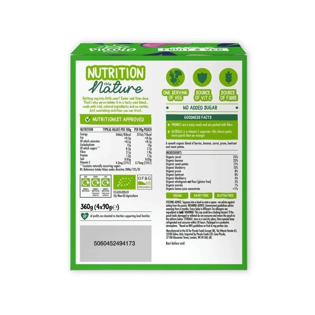 Piccolo baby fruit and veg nutrition information panel, 360g (4x90g)