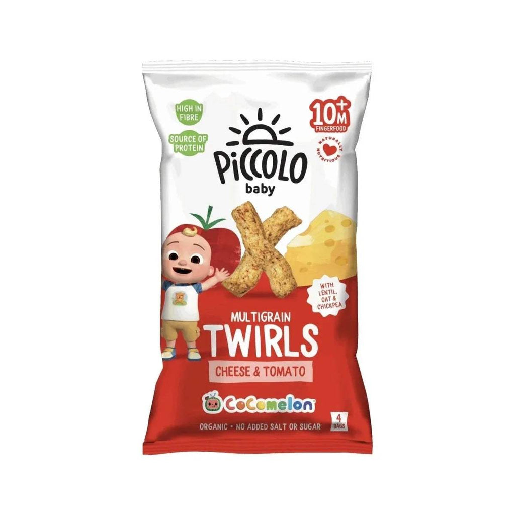 Piccolo baby multigrain twirls cheese & tomato snack bag, red and white