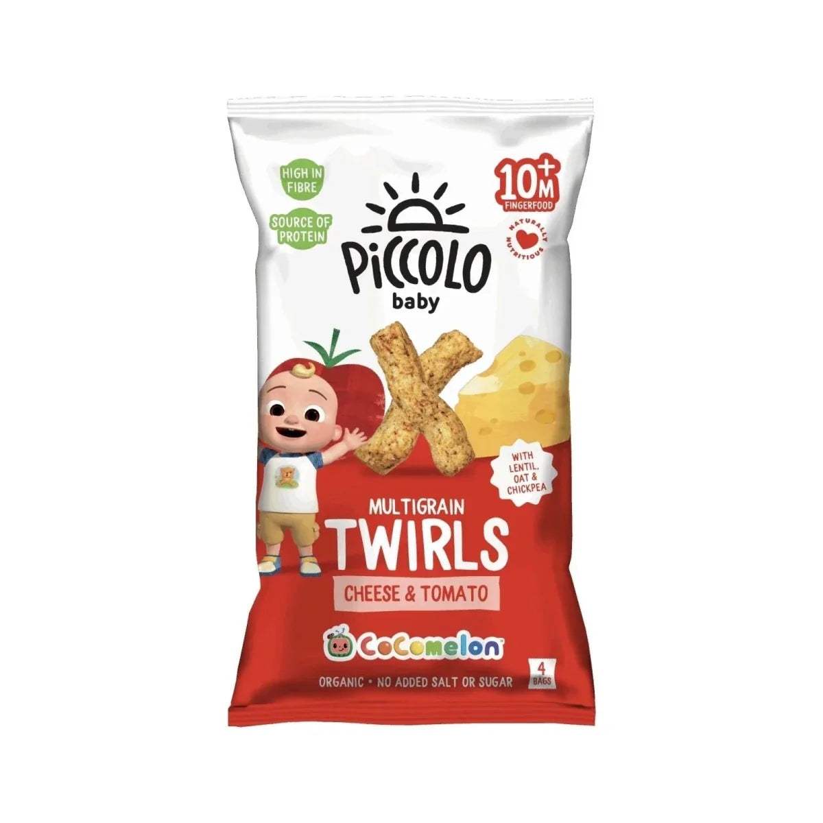 Piccolo baby multigrain twirls cheese & tomato snack bag, red and white