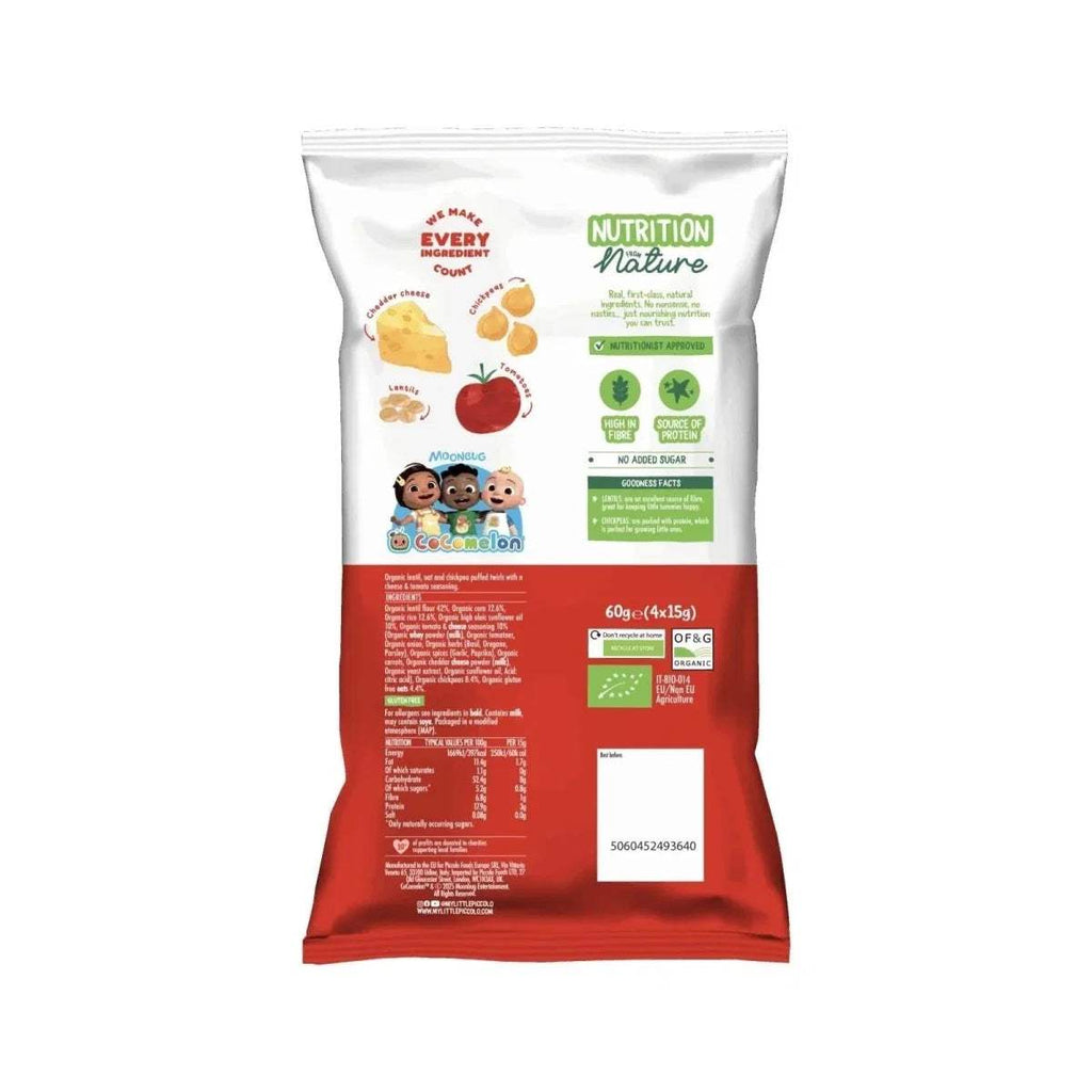 Piccolo multigrain twirls cheese & tomato snack back label with nutrition panel
