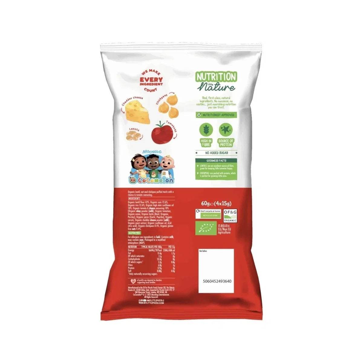 Piccolo multigrain twirls cheese & tomato snack back label with nutrition panel