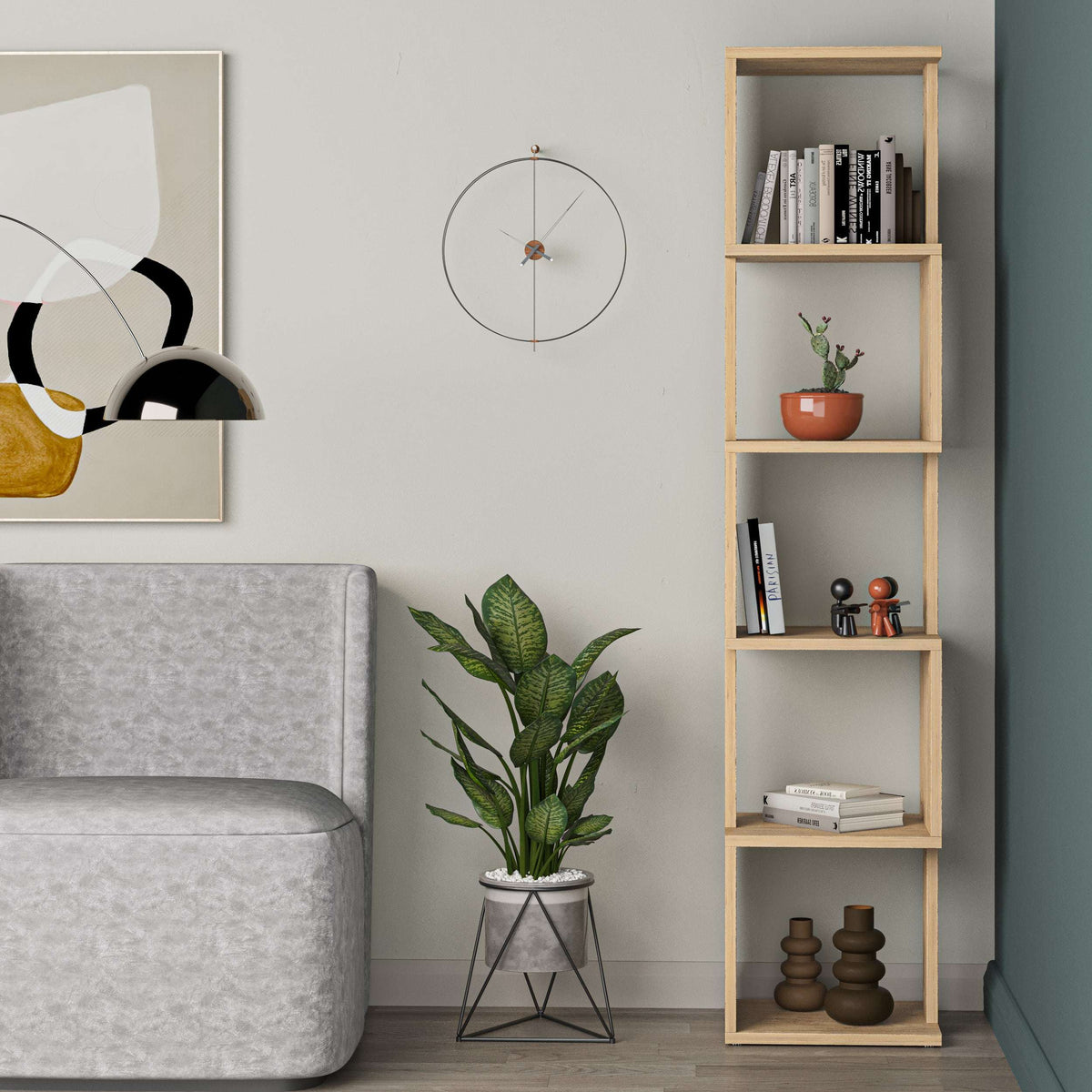 Tall modern bookcase with open shelves, light wood frame and white shelf panels