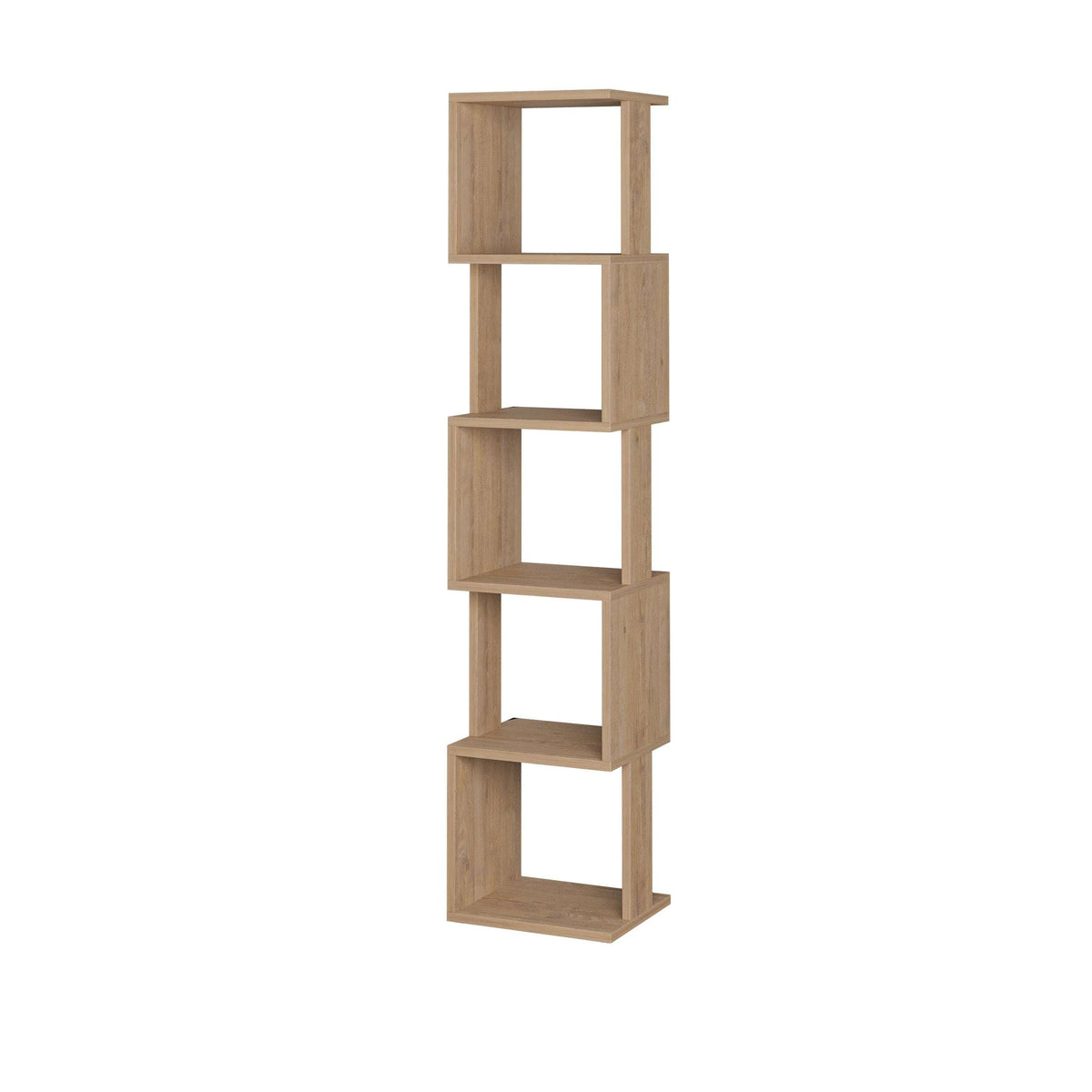 Tall oak wood bookcase display unit with four open shelves and vertical frame