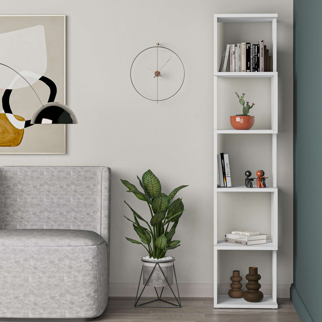 White tall bookcase display unit with five open shelves for books and decor