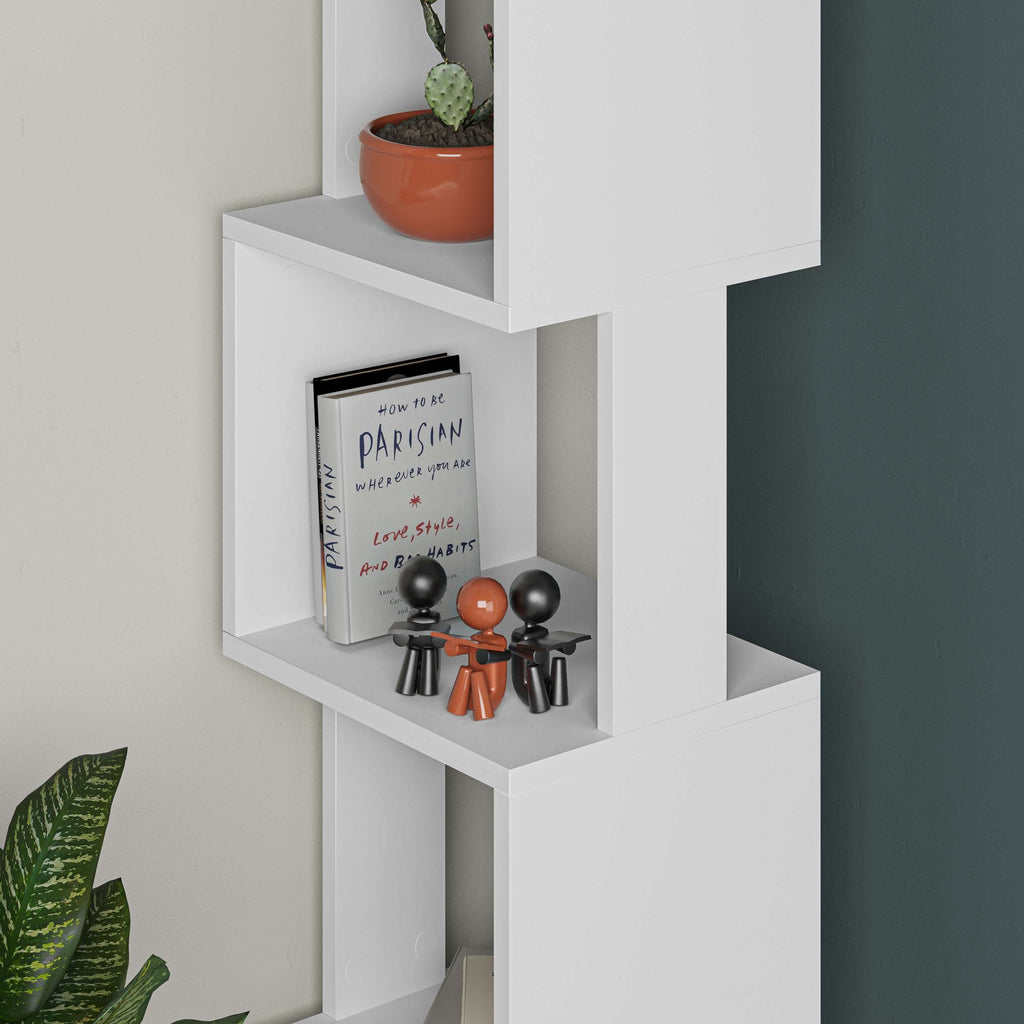 Tall white bookcase display unit with four open cubby shelves and solid side frame