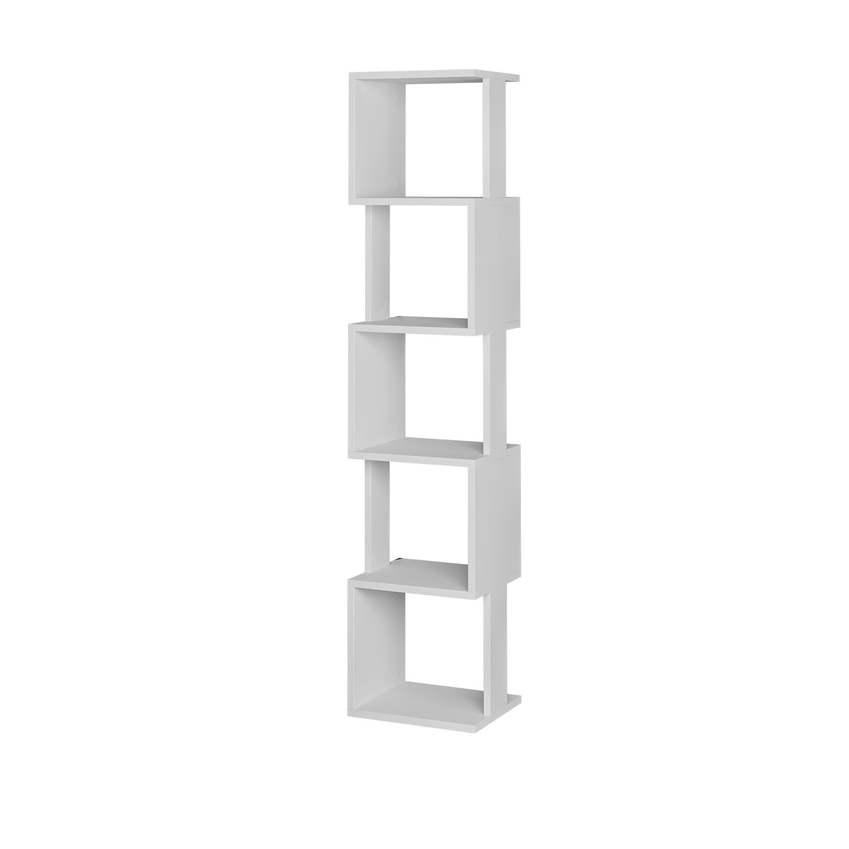 Tall white bookcase display unit with four open shelves and rectangular frame