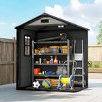 Dark grey resin storage shed with open double doors showing shelving and ladder