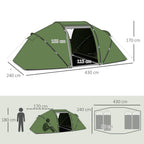 Dark green tunnel tent layout diagram with room divider and height dimensions