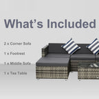 Wicker sofa set components: corner seats, middle sofa, footrest and tea table
