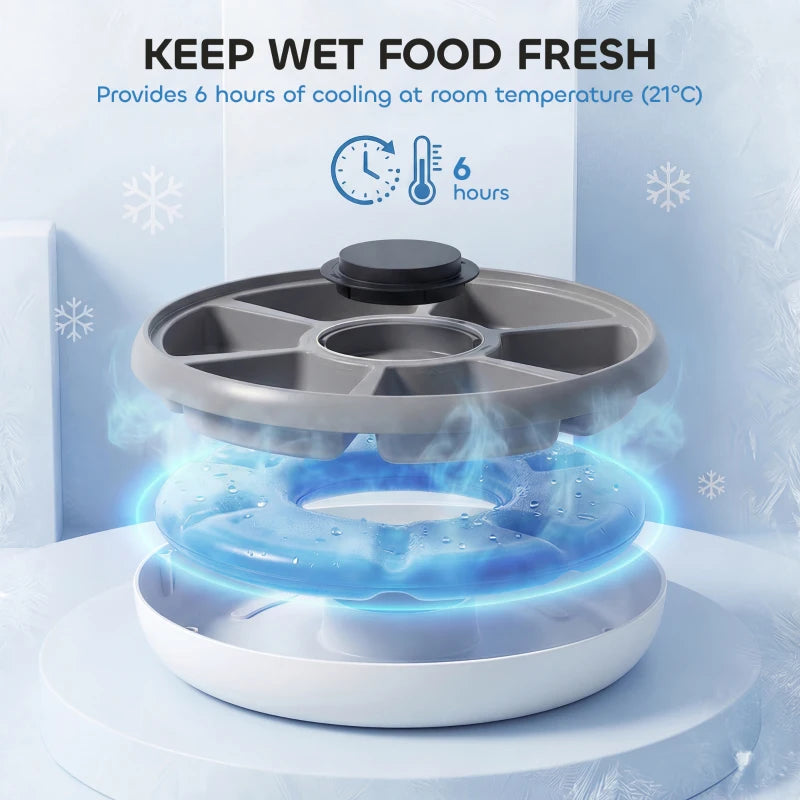 Grey automatic cat feeder with removable tray and cooling ice-pack style base