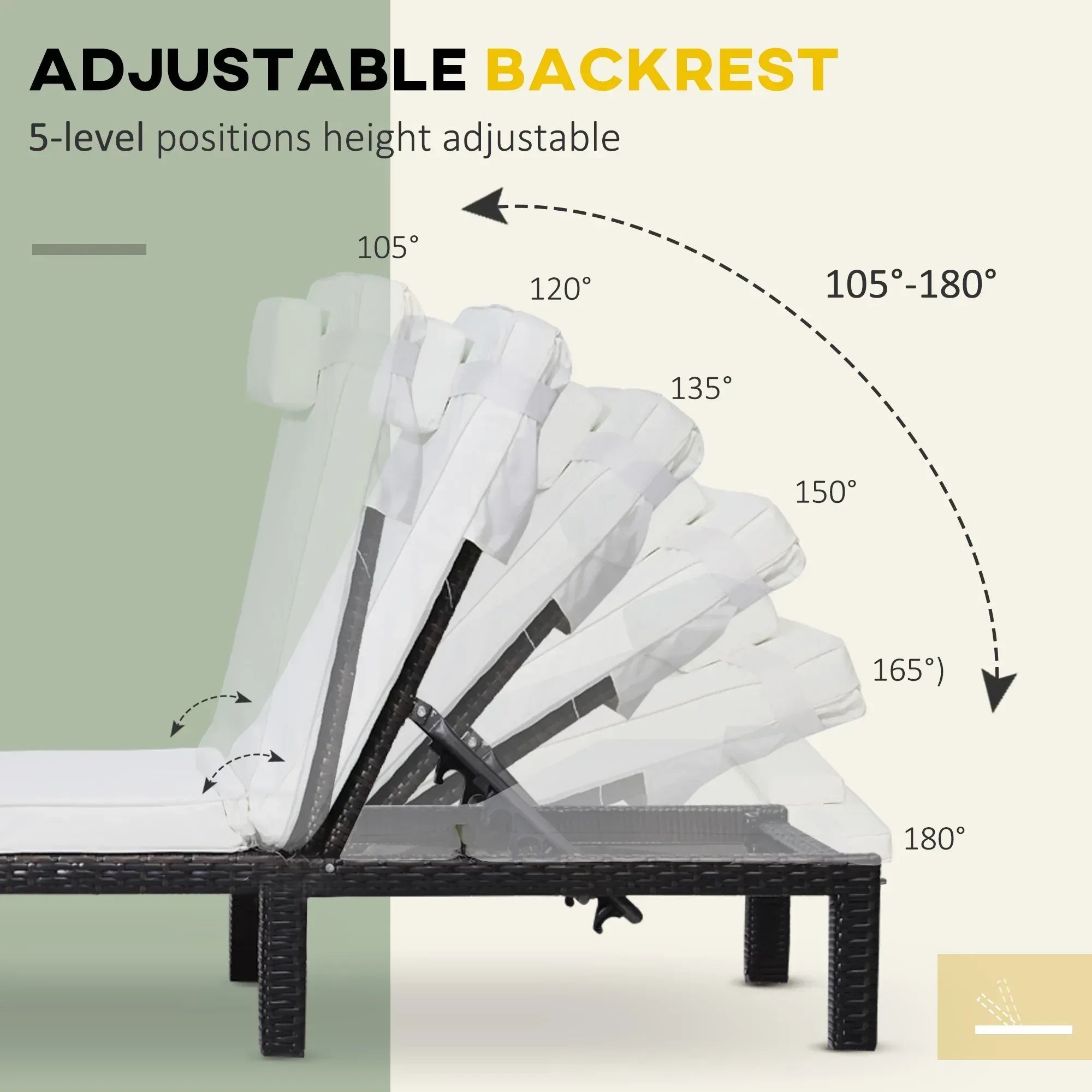 Rattan Sun Lounger, 5-Level Adjustable Garden Lounger Recliner with Cushion and Headrest, Outdoor Reclining Sunbed, Steel Frame Garden Chair for Patio, Beach, Terrace, Cream White - Bobobiy