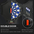 Electronic dartboard with blue target center and side doors; orange latch detail