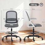 Grey mesh office chair with flip-up armrests, shown from front and side views.