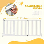 White wooden dog gate with adjustable panel length, hand adjusting the rail