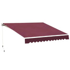 Maroon retractable awning with scalloped valance and white frame, extended.