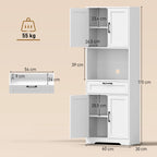 White freestanding pantry cabinet with open shelves, drawer, and double lower doors