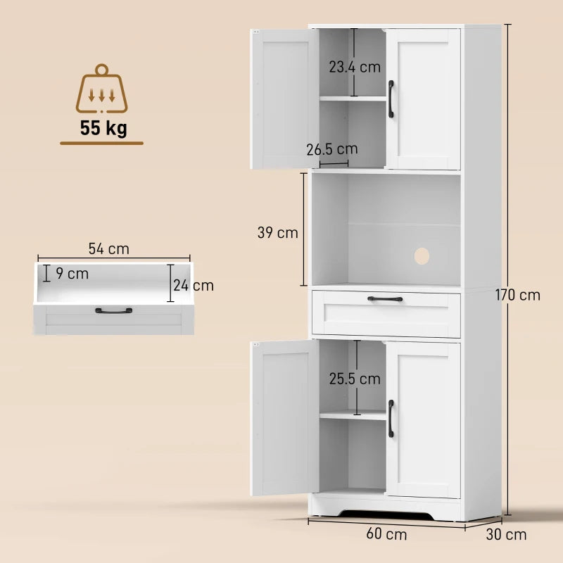 White freestanding pantry cabinet with open shelves, drawer, and double lower doors