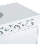 White cabinet top trim with scalloped cutout and decorative edging