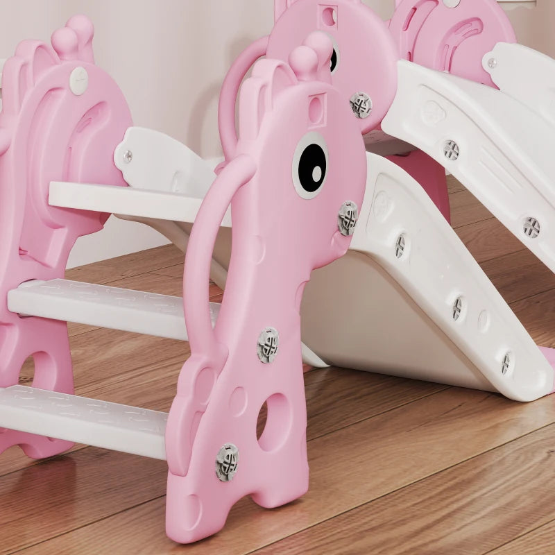 Pink giraffe climber and white kids slide ramp with handrails and hoop