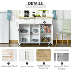 White utility cart with open shelves and drawers, wood countertop, and metal handle pulls