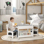 Kids three-piece table set with white frame, grey tabletop, and chair with shelf storage