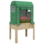 Green PE greenhouse cover raised planter box with open front and interior plants