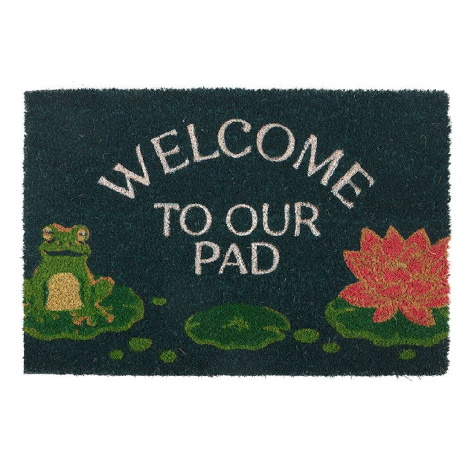 Doormat with a frog and lily pad design and 'Welcome to our pad' text.