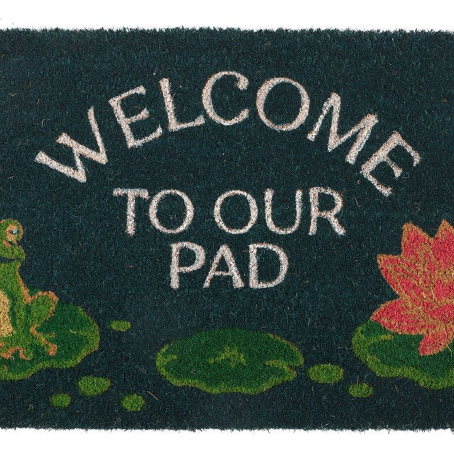 Doormat with 'Welcome to our pad' text and frog and lily pad designs.